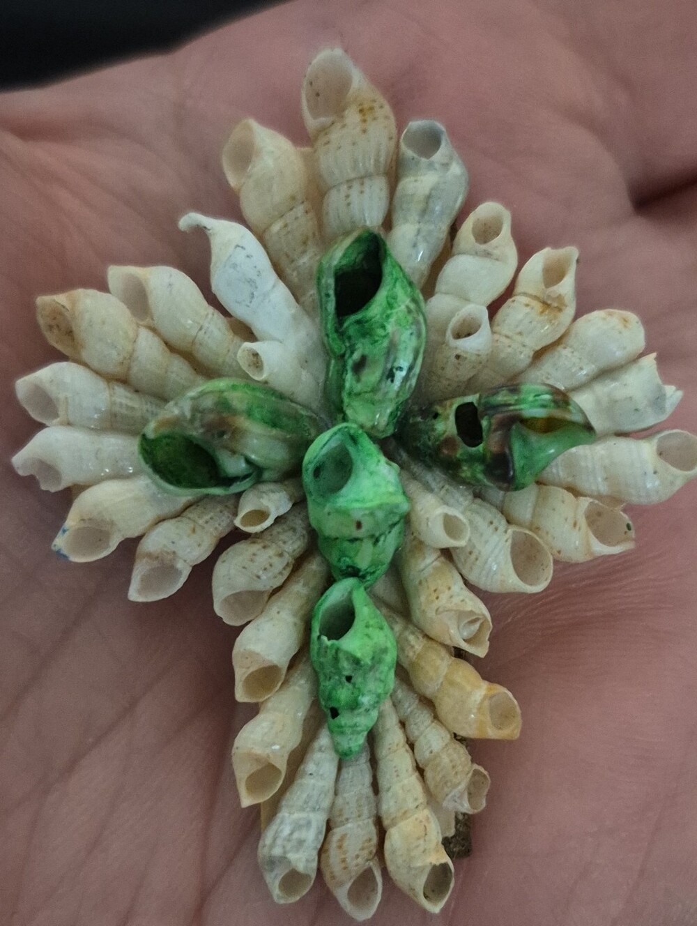 Vintage Handmade Seashell Cross with Green Accent